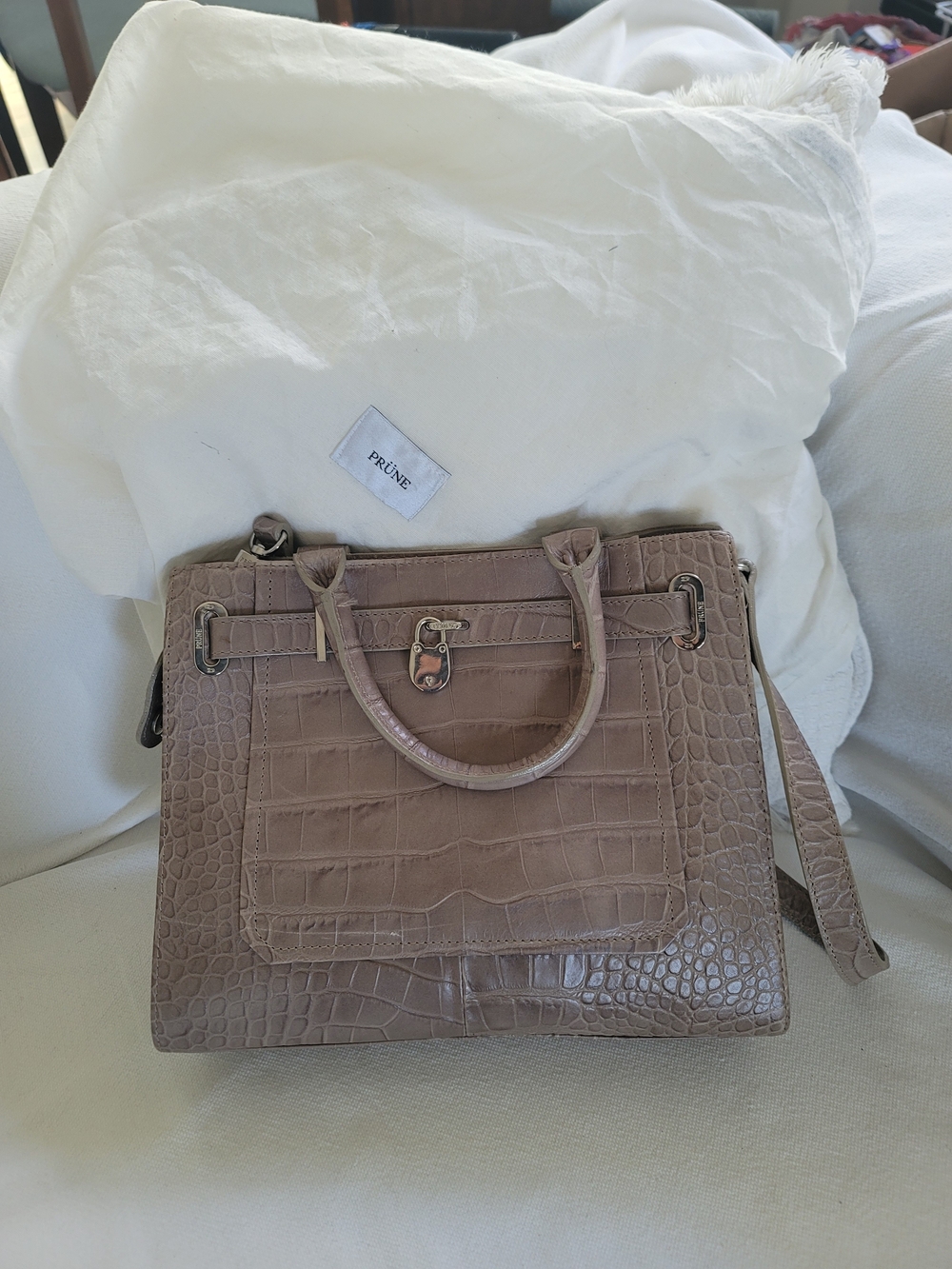 PRUNE ,Taupe Large BIRKIN style Croc-Embossed Leather Satchel. New With Bag